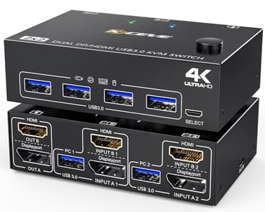USB 3.0 KVM Switch 2 Monitores HDMI+Displayport 4K@60Hz,2K@120Hz,MLEEDA Dual Monitor KVM Switch para 2 PC Comparte 2 Monitores y 4 Dispositivos USB3.0. Control Remoto con Cable y 4 Cables Incluidos