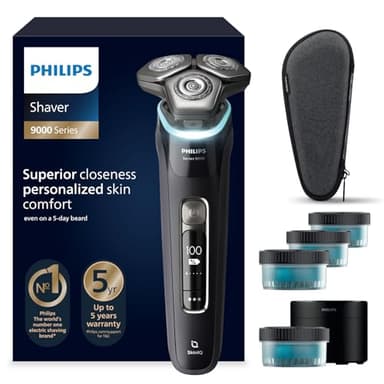 Philips Serie 9000 Afeitadora Eléctrica Hombre, Máquina de Afeitar Barba con Recortadora, 60min de uso, En Seco y Húmedo, Recargable, Centro de Limpieza, Base Carga, 4 Cartuchos, S9976/63, Negro