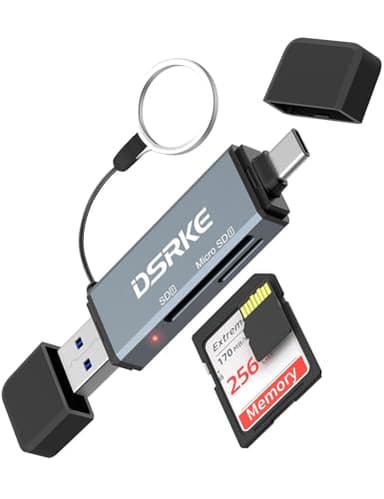 DSRKE Lector Tarjetas SD/Micro SD USB 3.0 y USB-C - Adaptador OTG Doble Ranura (SD/SDHC/SDXC/UHS-I), Plug & Play para Teléfonos/Tablets/Portátiles con Alta Velocidad 104 MB/s