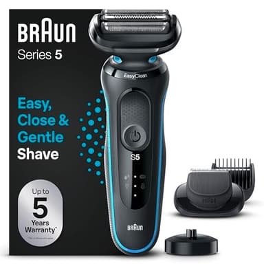 Braun Series 5 Afeitadora Eléctrica Hombre, Máquina de Afeitar Barba con Cabezal y Cuchillas Flexibles, Accesorio Cortabarba Incluido y Base De Carga, Impermeable y Recargable, 51-M4500cs, Gris/Azul