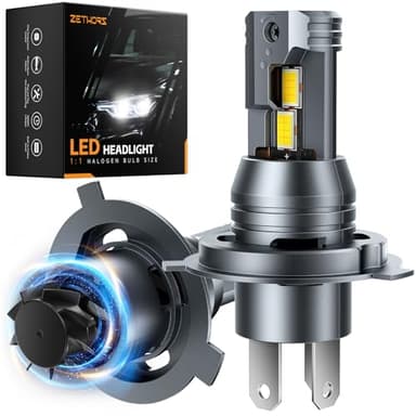 Zethors Bombillas H4 LED Coche con Ventilador 100W 24000LM 6000K Blanco Faros Lampara LED H4/9003/HB2 Luz Alta y Baja, 1:1 Mini Reemplazo Halógeno,No-Polaridad Plug and Play,2PCS