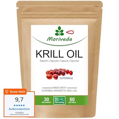 Superba Premium Aceite de Krill Cápsulas Blandas - Omega 3 - astaxantina esterificada, antioxidantes y vitaminas - corazón sistema inmunológico memoria - 60 cápsulas por el MoriVeda