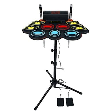 Juego de 9 almohadillas de batería electrónica, tambor electrónico con luces LED, batería electrónica con soporte para tambor, altavoz estéreo integrado con 2 pedales