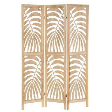 LOLAhome Biombo de 3 Hojas de Madera de paulonia Natural con Tallado de Hojas de Palmera de 120x170 cm