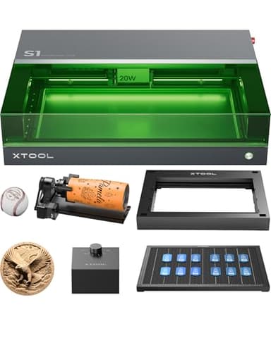 xTool S1 20W Grabadora Láser Todo en Uno Kit, Cortadora Láser con Rotativo, Riser Base, Sistema de Aire Inteligente y Panel, Maquina para Madera, Metal, Cuero, Acrílico