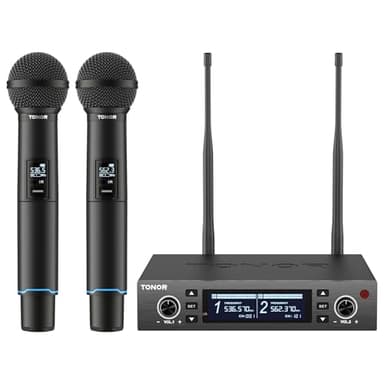 TONOR Micrófono Inalámbrico Profesional, Recargable Wireless Microphone Dinámico de Mano, Sistema de 2×100 Frecuencias UHF Ajustable para Karaoke/Fiestas/DJ/Iglesias, Escaneo Automático 328ft TW750