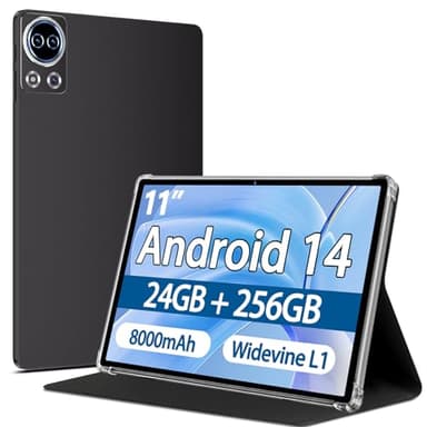 Tablet 11 Pulgadas Android 14 con 24 GB RAM + 256 GB ROM (Ampliable a 1TB), 8000 mAh, 13MP + 5MP, Widevine L1, 5G Wi-Fi, GPS, 8 Cores 2.0 GHz, Face ID, HD 1280 x 800 Incell IPS, con Funda, Cafeína