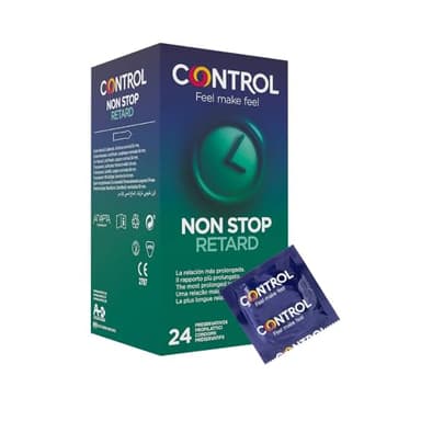 Control Non Stop Retard Preservativos- Caja de condones retardantes para una relación más prolongada, lubricados, ajuste perfecto, sexo seguro, 24 unidades (pack ahorro)