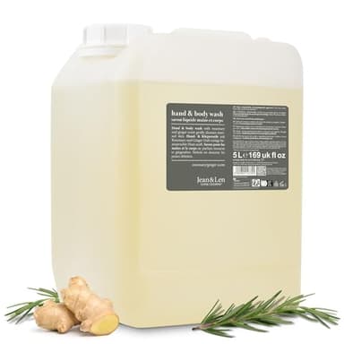 Jean & Len Jabón líquido para manos y cuerpo Romero y jengibre en bote, limpia y cuida la piel, aroma fresco y especiado, sin siliconas, parabenos ni microplásticos, 5L
