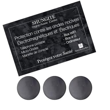 Lote de 3 pastillas de parche adhesivo de shungite piedra natural lithotherapie - piedra de protección natural contra las ondas electromagnéticas para su teléfono móvil, wifi 3
