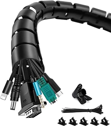 shinfly Organizador de Cables, Negro, 3m (2x1.5m) con Herramienta Guía, 20 Bridas, 5 Clips de Fijación, Cubre Cables para Ocultar Cables de TV y PC
