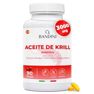 Bandini® Aceite de Krill Omega 3 Antártico 3000 mg | 465 mg DHA y EPA, 1200 mg Fosfolípidos Marinos, Fuente de Astaxantina Natural y Omega-3 | Más biodisponible que el aceite de pescado - 90 Cápsulas