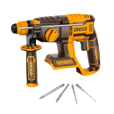 INGCO Taladro de martillo giratorio SDS-Plus de iones de litio de 20 V (solo cuerpo) con motor sin escobillas, perilla de ajuste de función 4 en 1, 2.0J, 5400 BPM, 1100 RPM, 3 brocas y 1 cincel