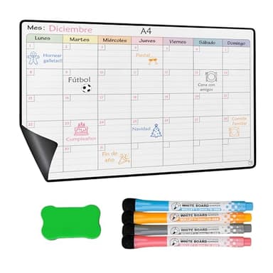 YSANCOR® Calendario Magnético Nevera Planificador Mensual o Semanal + 4 Rotuladores y 1 Borrador de Regalo | Opciones en Tamaños A4 y A3 | Ideal como Organizador Semanal (MENSUAL A4)