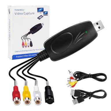 TCNEWCL Grabador de vídeo Tarjeta de Captura de vídeo USB 2.0 Transfiere Hi8 VHS a DVD Digital para Windows/Mac, Capturadora de Audio Vídeo con Cable de extensión AV