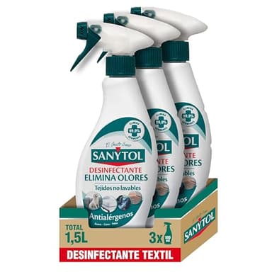 Sanytol – Spray Elimina Olores Desinfectante para Textiles, Elimina Malos Olores Persistentes y Neutraliza Alérgenos, Sin Lejía - Pack de 3 x 500 ml = 1,5L