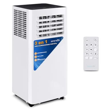 SereneLife Aire Acondicionado Portátil, 10.000 BTU, Móvil, WiFi, Silencioso, Deshumidificador, Ventilador, Control Remoto, Blanco, Portátil Para Oficina y Casa