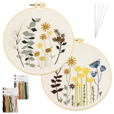 AUAUY 2 Sets Kit Bordado Principiantes, Flores Kit de Bordado Completo para Adultos, Embroidery Kit con Tela y Bastidor, Punto de Cruz Kit Completo, Kit de Inicio de Bordado para Entusiastas