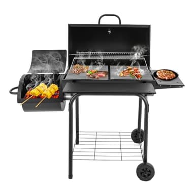 Barbacoa Ahumadora Profesional de Carbón - Doble Zona de Cocción, Parrilla 40x34cm + Chimenea 360°, 3 Niveles de Almacenamiento - Ideal para Exteriores, Jardín y Fiestas (Acero Aleado 2mm, Negra