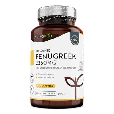 Fenogreco Capsulas - 100% Puro y Organico, 750mg por Cápsula hasta 2250mg al Día - Hasta 8 meses, 1-3 Cápsulas al Día - Fenugreek Complementos Alimenticios - Nutravita