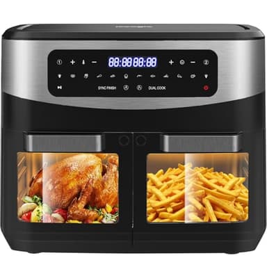 Iceagle Freidora Aire Doble Cestas 12 L Air Fryer - Freidora sin Aceite 2600 W con 10 Funciones, Ventana visible, Pantalla Táctil LED, Match Cook & Smart Cook, Función Deshidratada, Temporizador
