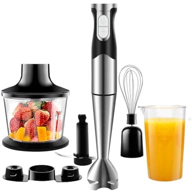 NWOUIIAY Batidora de Mano 1200W Eléctrica Multifuncionales 6-EN-1 con Picadora, Batidor de Huevos, Vaso Medidor, Pie Desmontable, Función Turbo Cuchilla de Acero Inoxidable