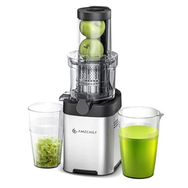 AMZCHEF Extractor de Zumos y Verduras - Licuadora Prensado en Frio con Conducto de 79MM para Frutas y Verduras Enteras - Juicer de Acero Inoxidable - Plata