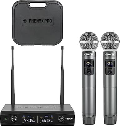 Phenyx Pro Sistema de Micrófono Inalámbrico de Metal con Estuche, Micrófonos Dinámicos Inalámbricos de Mano para Canto, Karaoke, 2x30 Frecuencias Sintonizables UHF, Alcance de 200 pies (PTU-52-2H)
