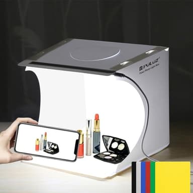 PULUZ - Mini caja de luz para estudio fotográfico, portátil, plegable, kit de iluminación para fotografía con luces LED de 5500 K, 6 fondos de color para objetos pequeños, productos de fotografía, 21