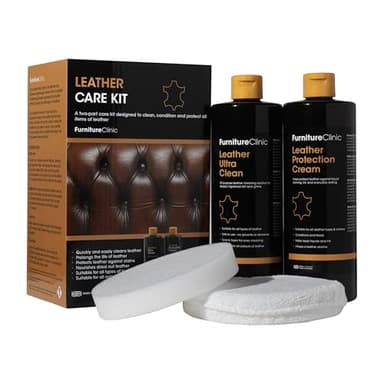 Kit completo de cuidado del cuero Furniture Clinic – Limpiador de cuero y Crema protectora del cuero para sofás y asientos de coche – 500 ml de Ultra Clean,500 ml de acondicionador de cuero y esponjas