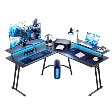 HLFURNIEU LED Mesa Gaming 130 × 130 cm, Escritorio Esquinero Ergonómico en Forma de L, Escritorio Gaming con Soporte de Monitor, Mesa Gamer con Superficie de Fibra de Carbono, Fácil de Montar, Negro