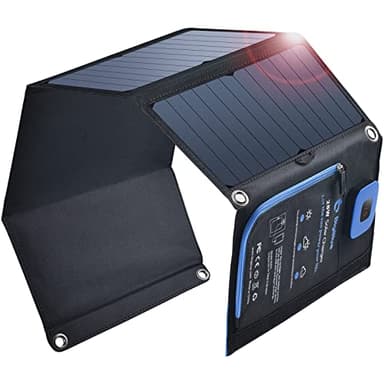 BigBlue 28W Cargador Solar Portátil, 2 Puertos USB(5V/4A en Total) y IPX4, Panel Solar Plegable con LCD Amperímetro Digital para Dispositivos USB Recargables, iPhone, Android, GoPro Etc