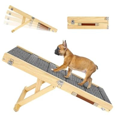 Pawaboo Rampa para Perros Plegable, Rampa para Mascotas de Madera 4 Altura Ajustable 20/35/40/45cm con Alfombra Antideslizante, Escalera para Perros Pequeños Gatos para Sofá, Madera
