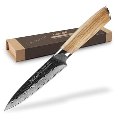 hecef Cuchillo Santoku Damasco, Cuchillo de Cocina Japonés, Cuchillo de Chef Professional Forjado a Mano - 67 Capas de Acero Damasco con Mango de Madera de Olivo (Cuchillo Utilidad Damasco 12.7cm)