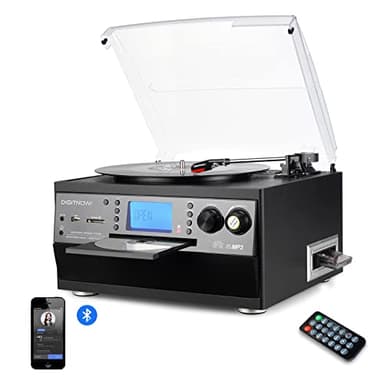 DIGITNOW! Platino Vinilo Bluetooth Tourne-Disco USB mp3 y función codificación clásica Reproductor de CD con Radio FM Casete, 3 velocidades 33/45/78 RPM Altavoces incorporados Cadena estéreo