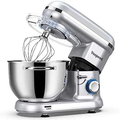 Batidora Amasadora Vospeed 1500W, Amasadora de Pan Para Repostería 6.2 L, Bol de Acero Inoxidable, Varillas Batidoras, Varillas Amasadoras (plata)