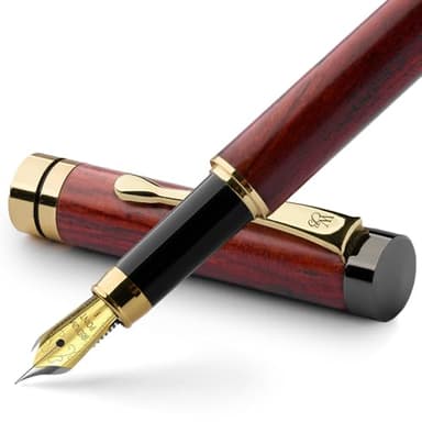 Wordsworth & Black's Set de bolígrafos de fuente, de madera de bambú - Plumín fino, Estuche de regalo; Incluye 6 cartuchos de tinta, Convertidor de recarga de tinta - Caligrafía [Madera de rosa]