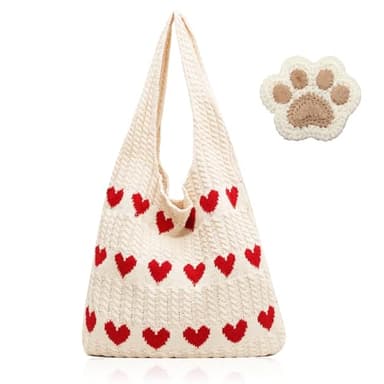 Bolsos Tejidos Crochet Bolso de Hombro de Punto de Ganchillo Bolso de Punto Viene con un Colgante de Bolso con Forma de Pata de Oso Adecuado para el Trabajo Las Compras y la Escuela (Albaricoque)