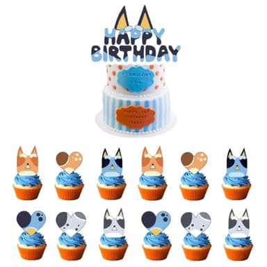 Cupcake Toppers,Bluey Cake Toppers 25 Piezas Toothpick Flags para Niños Niñas Regalo Decoraciones de Fiesta de Cumpleaños