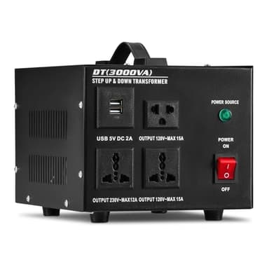 CREWORKS 3000W Transformador de Voltaje, Transformador 220V a 110V O 110V a 220V, Protección de Fusible Incorporada, Enchufe de UE a EE. UU. con Salida Universal y de EE. UU. Puertos USB de 5 V