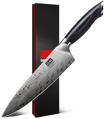 SHAN ZU Cuchillo de Chef de Acero en Polvo, 20cm de Cocina de Cocina Japonés, Cuchillo de Cocinero Profesional de Acero Duro, Cuchillo para Trinchar Ultra Afilado, Mango Ergonómico de Madera de Pakka