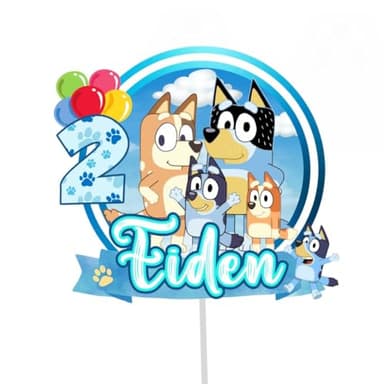 Cake topper personalizado con nombre y edad, en formato básico o 3D, aprox. 18 cm de ancho, para fiesta de cumpleaños de niños y niñas, bluey (basico, modelo1)