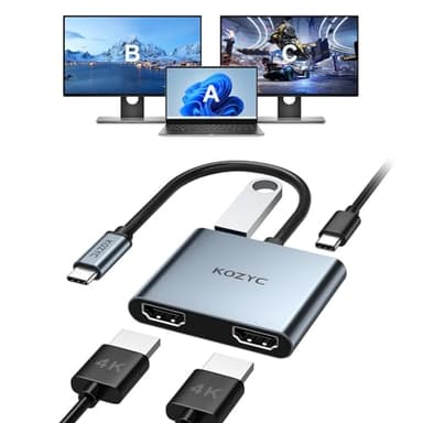 USB C to Dual HDMI Adapter, KOZYC USB C Hub 4 in 1 Adapter con 2 HDMI 4k, USB 3.0, 100W PD, Soporte USB C to HDMI Splitter Extended Display Compatible con MacBook Pro Air (MST Only Soporte Windows)