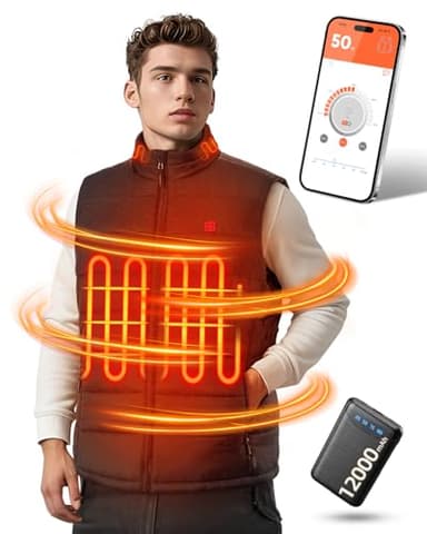 POSUGEAR Chaleco Térmico con APP Control para Hombre, Batería 12V 12000mAh, Función de Energía Móvil, Chaleco Ligero con Amplio Rango de Calentamiento (XXL, Negro)