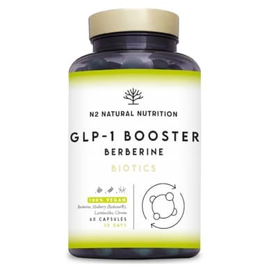 GLP-1 con Berberina 600mg. Reducose® + Probióticos. Apoya el control del apetito y los niveles de azúcar en la sangre, Estimula la Producción de GLP-1. Vegano. 60 cápsulas. N2 Natural Nutrition