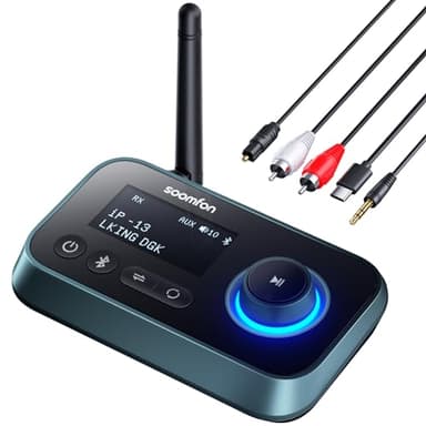 SOOMFON - Receptor Transmisor Bluetooth 5.0 para TV - Adaptador de Audio Bluetooth de Largo Alcance 3 En 1 HiFi con Pantalla LCD Doble Enlace Paso de Barra de Sonido para Estéreo Doméstico