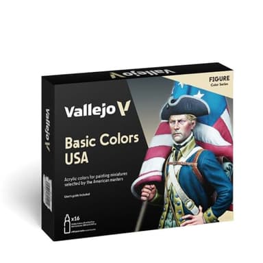 Vallejo Model Color Set de Pintura Acrílica Colores Básicos USA. Kit de 16 Colores de Acabado Mate en Botellas de 18 Ml con Cuentagotas y Una Carta de Colores para Modelismo, Maquetas y Dioramas
