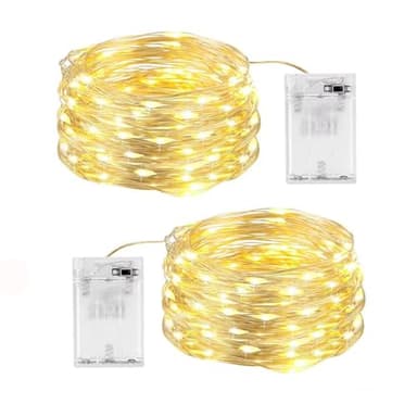 SHUBEIEUMI 2 x Cadena de Luces con Pilas, 10 Metros 100 LED Plata Alambre, 2 Modos de Iluminación, para Navidad Guirnalda Jardín, Habitación, Terraza,Pared,Cortina（Blanco cálido）