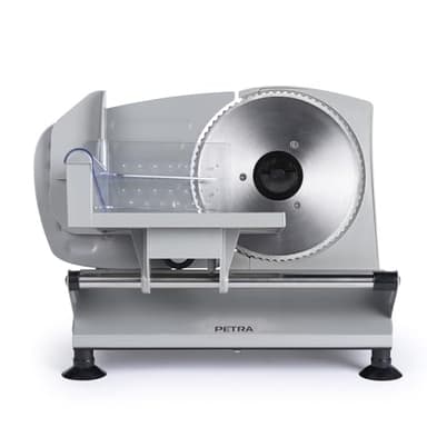 Petra PT4636VDE Rebanador de alimentos eléctrico - Cortador para carne, jamon, queso, grosor de corte ajustable 1-15mm, cuchillas lisas y de sierra, acero inoxidable, 3 x 170mm, patas antideslizantes