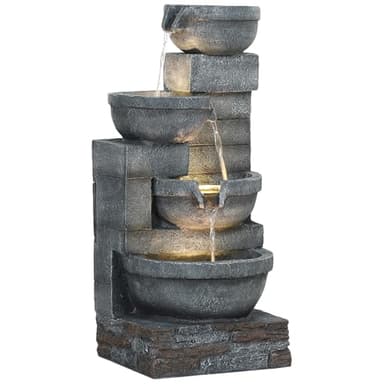 Outsunny Fuente de Agua Fuente de Jardín con Iluminación LED Fuente Decorativa en Cascada de 4 Niveles para Jardín Patio Terraza 38x35x78,5 cm Gris